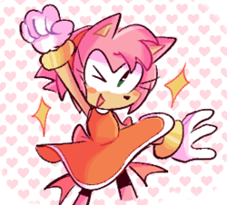 Size: 572x517 | Tagged: safe, artist:prefixerism, amy rose, abstract background, amybetes, blushing, bow, clenched fist, cute, heart, looking at viewer, mouth open, smile, solo, standing, star (symbol), wink