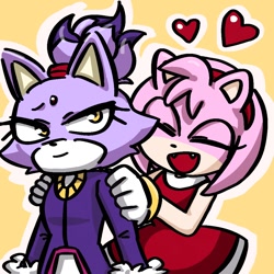 Size: 1000x1000 | Tagged: safe, artist:dorabanggu00, amy rose, blaze the cat, hedgehog, 2022, amy x blaze, amy's halterneck dress, blaze's tailcoat, car, cute, eyes closed, female, females only, hands on shoulders, hearts, lesbian, mouth open, shipping