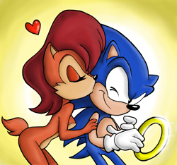 Size: 1212x1136 | Tagged: safe, artist:chadthecartoonnut, sally acorn, sonic the hedgehog, kiss on cheek, ring, shipping, sonally, straight