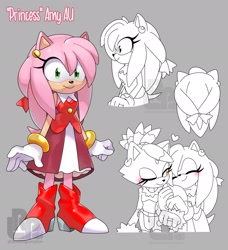 Size: 2400x2631 | Tagged: safe, artist:lilroundpumpkin, amy rose, blaze the cat, cat, hedgehog, 2023, alternate universe, amy x blaze, blushing, eyes closed, female, females only, heart, holding arm, lesbian, one eye closed, shipping