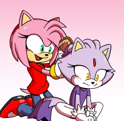 Size: 3801x3688 | Tagged: safe, artist:thenovika, amy rose, blaze the cat, cat, hedgehog, 2022, amy x blaze, brushie, brushing, cute, female, females only, lesbian, shipping