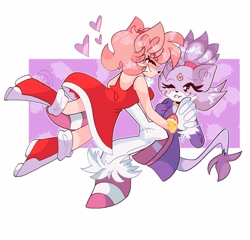 Size: 2500x2400 | Tagged: safe, artist:hedgietonin, amy rose, blaze the cat, cat, hedgehog, 2022, amy x blaze, amy's halterneck dress, blaze's tailcoat, cute, eyes closed, female, females only, hearts, holding hands, lesbian, one eye closed, shipping