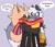 Size: 1814x1558 | Tagged: safe, artist:snazzytader, tangle the lemur, whisper the wolf, 2023, blushing, dialogue, duo, english text, grey background, holding each other, lesbian, lesbian pride, long bacon, meme, pride, pride flag, scarf, shipping, signature, simple background, speech bubble, standing, tangle x whisper