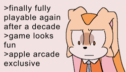 Size: 1040x600 | Tagged: safe, artist:neetclown, cream the rabbit, sonic dream team, 2023, :|, beige background, cream is not impressed, english text, shrunken pupils, simple background, solo