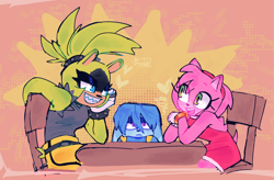 Size: 2048x1343 | Tagged: safe, artist:rosdevw2, amy rose, kit the fennec, surge the tenrec, abstract background, chair, heart, lesbian, lidded eyes, looking at each other, shipping, signature, sitting, smile, surgamy, table, third wheel, trio