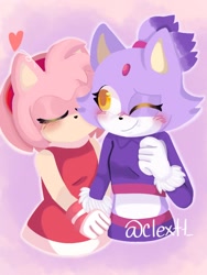 Size: 768x1024 | Tagged: safe, artist:franlinxjk_, amy rose, blaze the cat, cat, hedgehog, 2022, amy x blaze, amy's halterneck dress, blushing, cute, eyes closed, female, females only, heart, kiss on cheek, lesbian, one eye closed, shipping