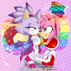 Size: 1300x1300 | Tagged: safe, artist:mitzeenr, amy rose, blaze the cat, cat, hedgehog, 2022, amy x blaze, amy's halterneck dress, blaze's tailcoat, cute, female, females only, holding hands, lesbian, looking at each other, one eye closed, pride, shipping