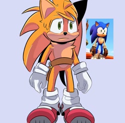 Size: 1155x1131 | Tagged: safe, artist:muggsy_shipper, oc, hedgehog, 2023, belt, fankid, frown, green eyes, magical gay spawn, male, parent:sonic, parent:tails, parents:sontails, reference inset, simple background, solo, standing, sweatdrop, yellow fur