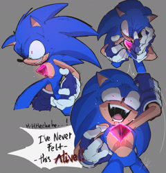 Size: 1945x2024 | Tagged: safe, artist:anhvo3511, sonic the hedgehog, alternate universe, au:darkleading, brainwashed, dialogue, english text, glowing eyes, grey background, laughing, mouth open, phantom ruby, pink eyes, saliva, shrunken pupils, simple background, solo, wispon