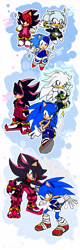 Size: 1912x5968 | Tagged: safe, artist:k3llywolfarts, shadow the hedgehog, silver the hedgehog, sonic the hedgehog, oc, oc:kelly the hedgehog, oc:shinn the hedgehog, oc:sia the hedgehog, 2023, abstract background, classic shadow, classic silver, classic sonic, clothes, english text, eye clipping through hair, gender swap, hair over one eye, psychokinesis, sonic boom (tv), sparkles, trio