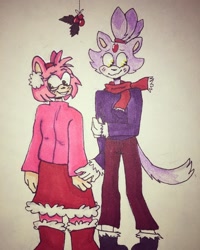 Size: 1080x1350 | Tagged: safe, artist:garfgunkle, amy rose, blaze the cat, cat, hedgehog, 2018, amy x blaze, cute, female, females only, holding hands, lesbian, mistletoe, scarf, shipping