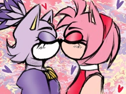 Size: 1080x810 | Tagged: safe, artist:_yukihyou_, amy rose, blaze the cat, cat, hedgehog, 2022, amy x blaze, amy's halterneck dress, blaze's tailcoat, cute, eyes closed, female, females only, hearts, kiss, lesbian, shipping