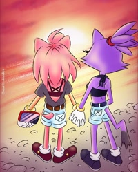 Size: 1080x1350 | Tagged: safe, artist:quint_doodles, amy rose, blaze the cat, cat, hedgehog, 2021, amy x blaze, back view, cute, female, females only, holding hands, lesbian, looking at something, phone, shipping