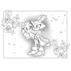 Size: 1080x1080 | Tagged: safe, artist:idolnya, amy rose, blaze the cat, cat, hedgehog, 2020, amy x blaze, amy's halterneck dress, blaze's tailcoat, carrying them, cute, female, females only, flowers, lesbian, shipping, sketch