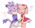 Size: 1154x914 | Tagged: safe, artist:mo0n_friend, amy rose, blaze the cat, cat, hedgehog, 2023, amy x blaze, amy's halterneck dress, blaze's tailcoat, blushing, cute, female, females only, hearts, holding hands, lesbian, looking at viewer, mouth open, shipping