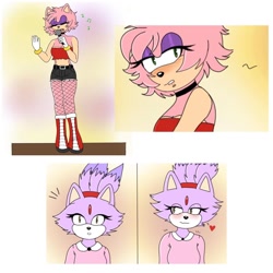 Size: 1080x1080 | Tagged: safe, artist:nursemeww, amy rose, blaze the cat, cat, hedgehog, 2023, amy x blaze, blushing, cute, eyes closed, female, females only, heart, lesbian, microphone, shipping, singing