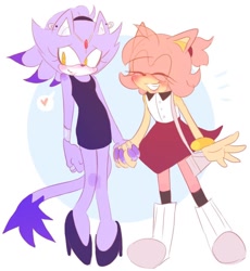 Size: 1080x1172 | Tagged: safe, artist:blazamylesbianfan, amy rose, blaze the cat, cat, hedgehog, 2023, amy x blaze, blushing, cute, eyes closed, female, females only, heart, holding hands, lesbian, shipping