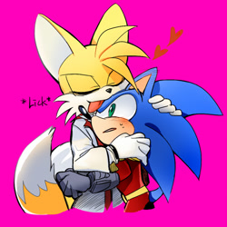 Size: 700x700 | Tagged: safe, artist:lujji, miles "tails" prower, sonic the hedgehog, zonic the zone cop, 2013, blushing, duo, gay, heart, holding each other, licking, pink background, sfx, shipping, simple background, sonic x tails, surprised, sweatdrop, zails, zontails