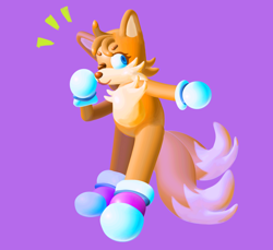 Size: 2048x1877 | Tagged: safe, artist:sonicattos, miles "tails" prower, 2023, beanbrows, eyes closed, faux 3d, looking at viewer, purple background, purple shoes, simple background, smile, solo, standing, trans female, transgender, wink