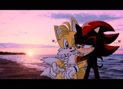 Size: 2048x1487 | Tagged: safe, artist:carolus04010856, miles "tails" prower, shadow the hedgehog, ..., 2021, :3, alternate version, beach, blushing, clouds, cute, duo, gay, head rest, heart, holding something, outdoors, panels, photographic background, shadails, shadowbetes, shipping, signature, tailabetes