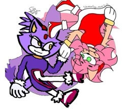 Size: 369x319 | Tagged: safe, artist:shadowneedstopissbadly, amy rose, blaze the cat, cat, hedgehog, 2023, amy x blaze, amy's halterneck dress, blaze's tailcoat, cute, female, females only, holding hands, lesbian, looking at each other, shipping