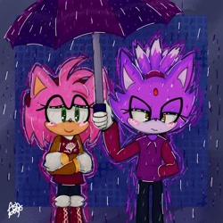 Size: 1080x1080 | Tagged: safe, artist:ash_poyo, amy rose, blaze the cat, cat, hedgehog, 2023, amy x blaze, cute, female, females only, lesbian, rain, shipping, umbrella