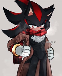 Size: 1651x2048 | Tagged: safe, artist:simg0125, shadow the hedgehog, grey background, holding something, lidded eyes, looking down, mouth open, scarf, signature, simple background, solo, standing, trench coat