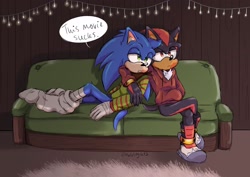 Size: 2048x1448 | Tagged: safe, artist:molostyle23, shadow the hedgehog, sonic the hedgehog, 2023, christmas, christmas sweater, couch, dialogue, duo, english text, gay, hoodie, indoors, leaning on them, lidded eyes, lying back, shadow x sonic, shipping, shoes off, sitting, speech bubble