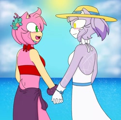 Size: 1080x1071 | Tagged: safe, artist:sara.sika, amy rose, blaze the cat, cat, hedgehog, 2023, amy x blaze, beach, bikini, cute, female, females only, hat, holding hands, lesbian, looking at each other, mouth open, sarong, shipping, sun