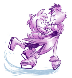 Size: 540x586 | Tagged: safe, artist:mysuperlaserpiss, amy rose, blaze the cat, cat, hedgehog, 2023, amy x blaze, amy's halterneck dress, blaze's tailcoat, cute, female, females only, holding them, ice skates, ice skating, lesbian, shipping