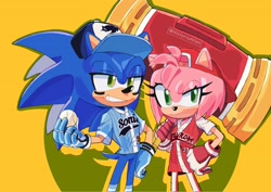 Size: 3508x2480 | Tagged: safe, artist:historiaallen, amy rose, sonic the hedgehog, baseball, baseball cap, baseball uniform, piko piko hammer