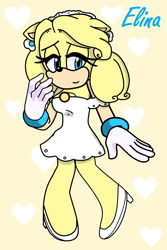 Size: 791x1184 | Tagged: safe, oc, oc:elina the blonde hedgehog, hedgehog, blue eyes, dress, floppy ears, gloves, heart, high heels, smile, yellow fur