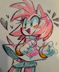 Size: 2048x2497 | Tagged: safe, artist:spoiledskullz, amy rose, amybetes, blushing, cute, heart, looking ahead, mouth open, smile, solo, sparkles, traditional media