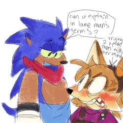 Size: 768x768 | Tagged: safe, artist:sonicattos, miles "tails" prower, sonic the hedgehog, angry, bandana, blushing, clenched teeth, clothes, cross popping vein, duo, english text, green sclera, looking at each other, overalls, pants, shrunken pupils, simple background, trans female, transgender, white background