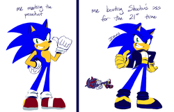 Size: 1800x1156 | Tagged: safe, artist:lowpolyshadow, shadow the hedgehog, sonic the hedgehog, duo, english text, looking at viewer, meme, simple background, smile, thumbs up, white background