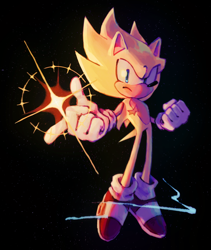 Size: 1500x1776 | Tagged: safe, artist:nova-rpv, sonic the hedgehog, black background, finger snap, flying, frown, looking at viewer, redraw, simple background, solo, sparkles, star (symbol), starfall super sonic, super form, top surgery scars, trans male, transgender