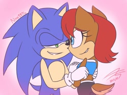 Size: 1024x768 | Tagged: safe, artist:nino5571, sally acorn, sonic the hedgehog, duo, looking at each other, shipping, sonally, straight