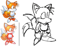 Size: 756x586 | Tagged: safe, artist:bastian95, miles "tails" prower, :o, classic style, classic tails, looking up, male, monochrome, mouth open, simple background, sketch, solo, standing, white background