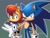 Size: 1340x1024 | Tagged: safe, artist:artsriszi, sally acorn, sonic the hedgehog, duo, protecting, sally x sonic, sally's ringblader outfit, shipping