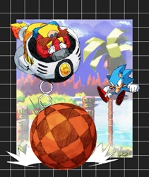 Size: 1152x1366 | Tagged: safe, artist:kornart3, robotnik, sonic the hedgehog, sonic the hedgehog (1991), duo, eggmobile