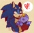 Size: 954x937 | Tagged: safe, artist:aconfusedaj, sonic the hedgehog, oc, oc:maria the chao, chao, hedgehog, 2022, abstract background, brown gloves, cheek fluff, chest fluff, duo, ear fluff, exclamation mark, eyes closed, fingerless gloves, genderless, heart, holding them, lidded eyes, looking offscreen, male, mouth open, neutral chao, pawpads, signature, sleeping