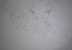 Size: 3701x2612 | Tagged: safe, artist:taeko, shadow the hedgehog, 2023, character name, clenched fist, english text, eyelashes, female, frown, gender swap, gun, holding something, looking offscreen, pencilwork, solo, sweater, traditional media, trans female, transgender