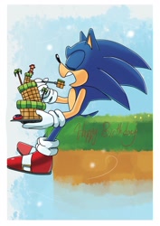 Size: 1280x1805 | Tagged: safe, artist:agentskull, sonic the hedgehog, green hill zone, 2019, abstract background, birthday, border, cake, eating, english text, eyes closed, fork, grass, holding something, mouth open, sitting, solo