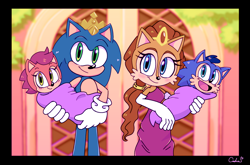 Size: 2200x1449 | Tagged: safe, artist:reinadecorazonez, manik acorn, sally acorn, sonia acorn, sonic the hedgehog, group, shipping, sonally