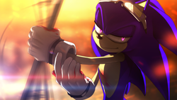 Size: 2000x1125 | Tagged: dead source, semi-grimdark, artist:einnharder, sonic the hedgehog, abstract background, au:fall into the void, blood, blood stain, glowing eyes, holding something, lidded eyes, lineless, looking offscreen, pink eyes, smile, solo, sonic riders, spinning object, standing