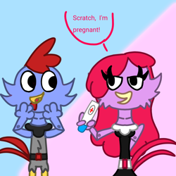 Size: 1280x1280 | Tagged: safe, artist:bluedeerfox14, scratch, adventures of sonic the hedgehog, canon x oc, chicken, duo, pregnancy test, robot