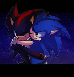 Size: 1024x1068 | Tagged: safe, artist:mintch0c0late, shadow the hedgehog, sonic the hedgehog, 2014, abstract background, cute, duo, duo male, gay, hugging, looking at each other, male, males only, nighttime, one eye closed, outdoors, outline, shadabetes, shadow x sonic, shipping, smile, sonabetes