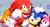 Size: 1648x881 | Tagged: safe, artist:artkotaro08017, amy rose, knuckles the echidna, miles "tails" prower, sonic the hedgehog, sonic origins, 2022, abstract background, classic amy, classic knuckles, classic sonic, classic style, classic tails, clenched fist, fangs, female, group, hand on another's head, lidded eyes, looking at them, looking at viewer, male, mouth open, redraw, smile, standing