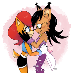 Size: 2048x2048 | Tagged: safe, artist:starlightseq, nicole the hololynx, sally acorn, abstract background, blushing, duo, holding each other, lesbian, looking at each other, nicole x sally, shipping, signature, smile