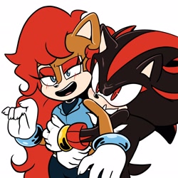 Size: 2048x2048 | Tagged: safe, artist:butterrrmoth, sally acorn, shadow the hedgehog, duo, hugging from behind, shadally, shipping, simple background, straight, white background